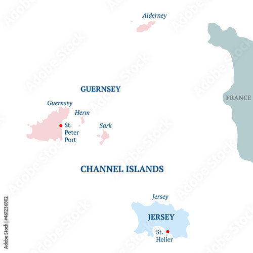Channel Islands vector political map. Bailiwick of Guernsey and Bailiwick of Jersey with capitals. Archipelago off the French coast. All isolated on white background. Vector illustration