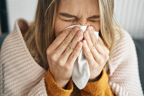 Woman having a very heavy flu photo