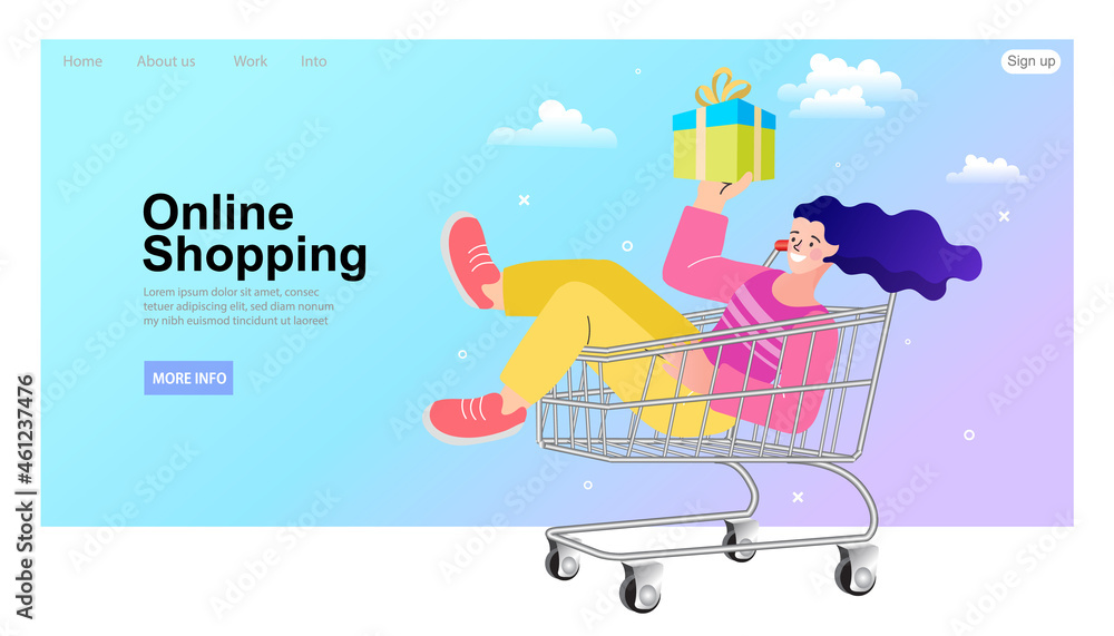 Obraz premium A website landing page template for online shopping. A happy woman sits in a shopping cart, holding a gift box to celebrate a fun purchase. This e-commerce banner includes a shop now button.