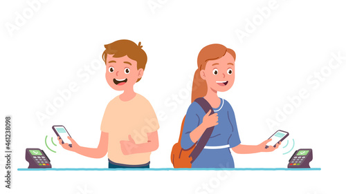 Buyer man, woman making contactless payment