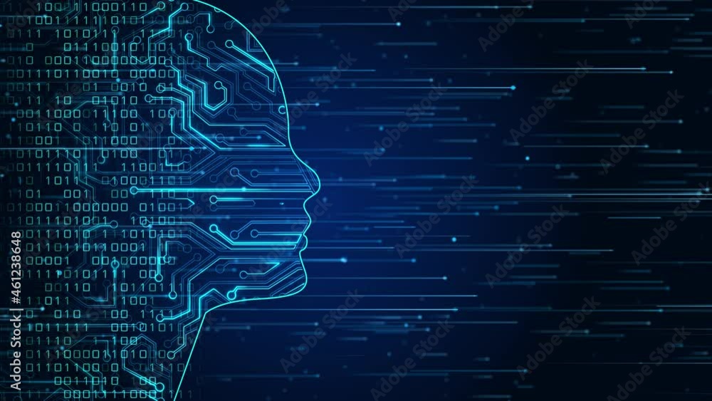 Future AI tech machine learning, face outline circuit board and binary data flow on blue Loop background. cyber mind Human fast digital computing, robot revolution Big data, artificial intelligence.