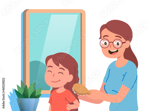 Loving mother combing hair of daughter kid