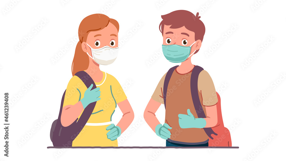 Man, woman wearing protective masks and gloves Man, woman wearing protective masks and gloves