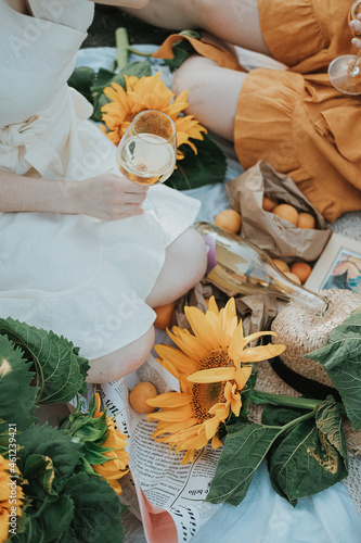 picnic with wine in a field with sunflowers . summer photo