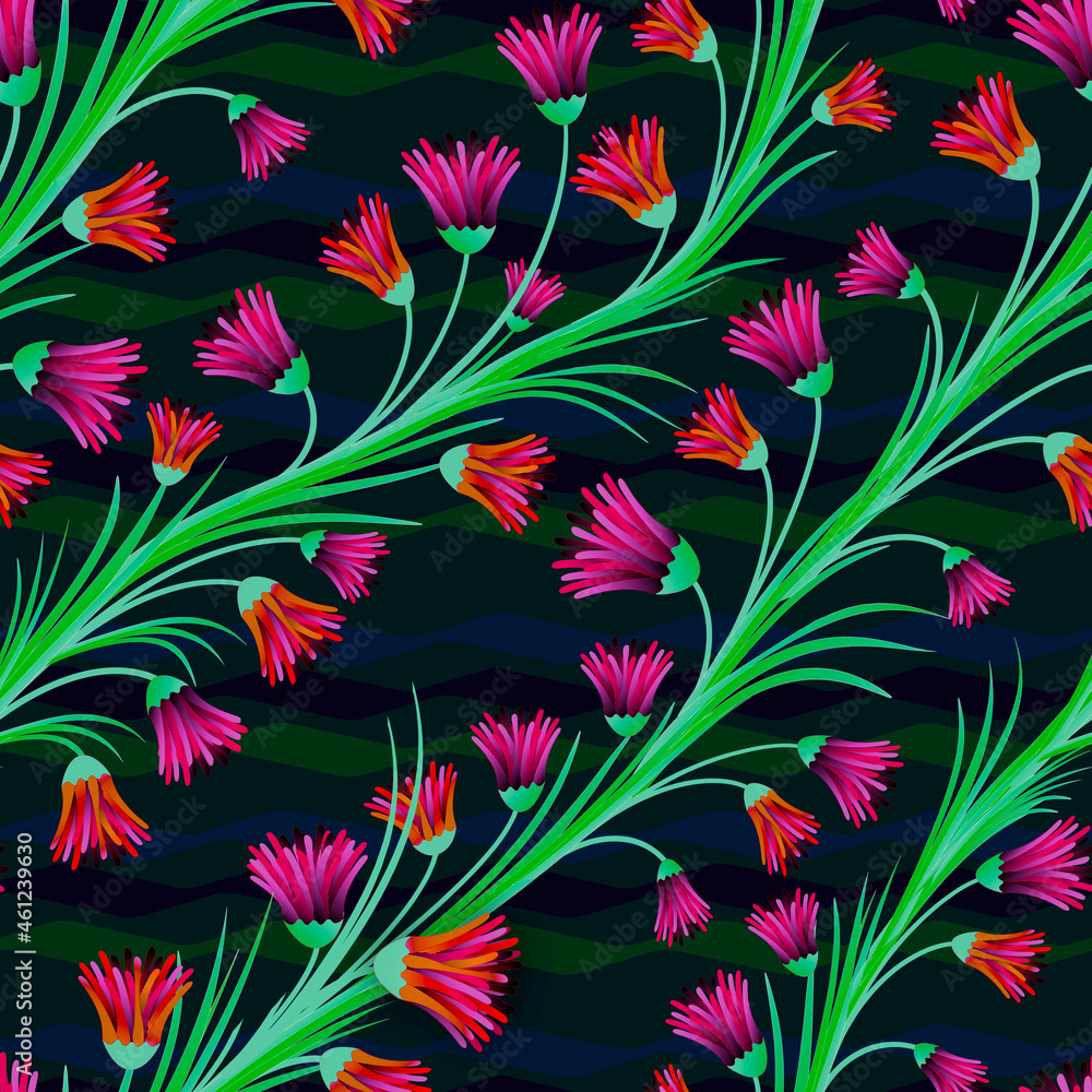 abstraction of branches of flowers on a dark background pattern. Illustration for printing, backgrounds, wallpapers, covers, packaging, greeting cards, posters, stickers, textile and seasonal design.