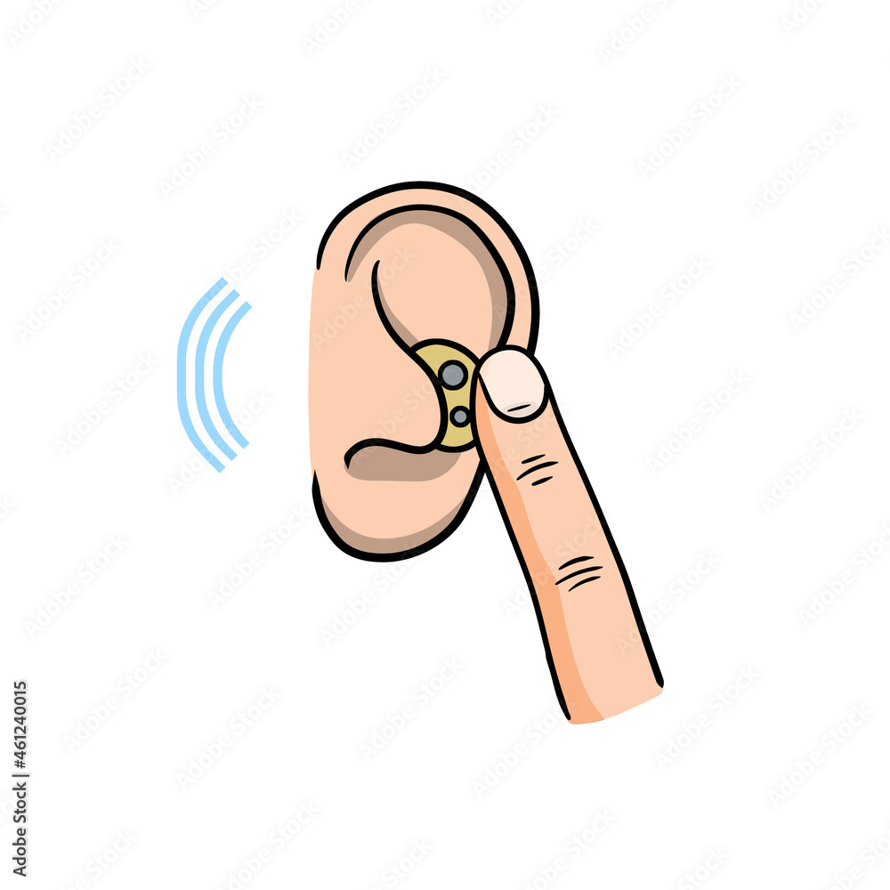 Hearing aid. Audiphone and finger in ear. Hearing problems and  disabilities. Sound icon. Cartoon illustration vector de Stock | Adobe Stock