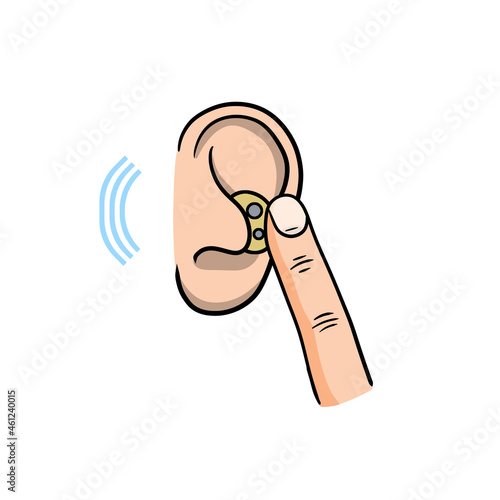 Hearing aid. Audiphone and finger in ear. Hearing problems and disabilities. Sound icon. Cartoon illustration