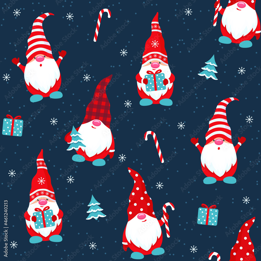 Little gnomes seamless pattern on a dark blue background. Christmas gnome  in a hat holding a