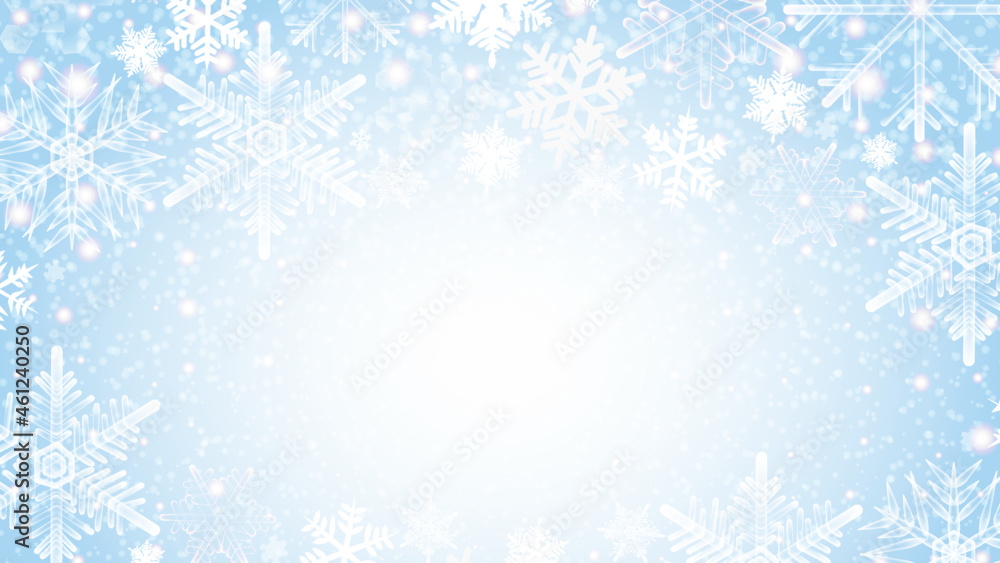 Winter blue background with snowflakes. Beautiful shining snowfalls vector Illustration. Perfect for backdrop, banner, poster, wishes card, advertisement, sale, greeting card, invitation and other.