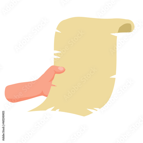 Hand hold old document. Ancient paper sheet. A blank page for template. Flat cartoon illustration isolated on white