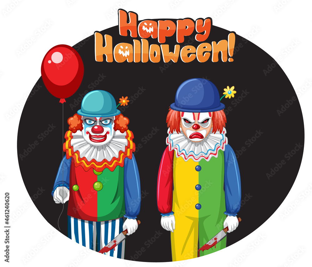Happy Halloween badge with two creepy clowns Happy Halloween badge with two creepy clowns