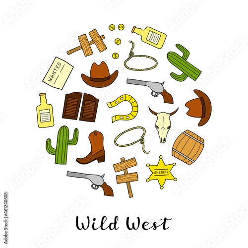 Hand drawn Wild West elements in circle.
