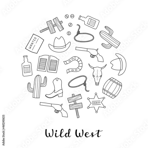 Hand drawn Wild West elements in circle.