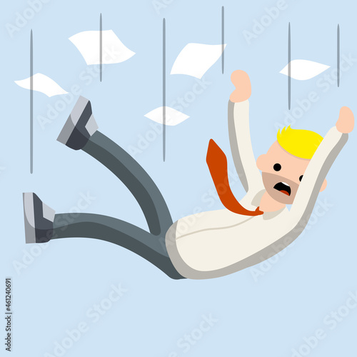 Falling down man in shirt and tie. Office problem. Employee dismissal. Money and crisis. Scared guy. Cartoon flat illustration. Work in exchange. Collapse and bankruptcy