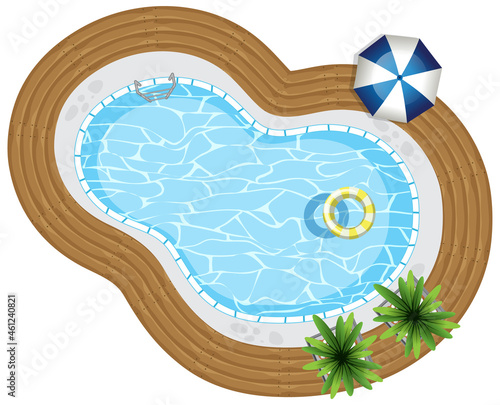 Top view of swimming pool with rubber ring on white background
