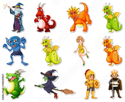 Sticker set with different fairytale cartoon characters