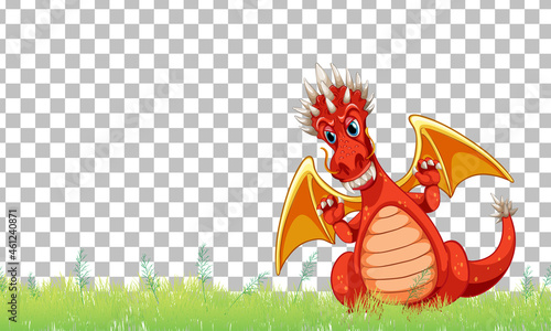 Dragon cartoon character on green grass on transparent background