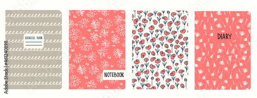Cover page templates based on seamless patterns with anemone, poppies, inflorescences and spiral lines as cursive imitation. Backgrounds for notebooks, notepads, diaries. Headers isolated, replaceable