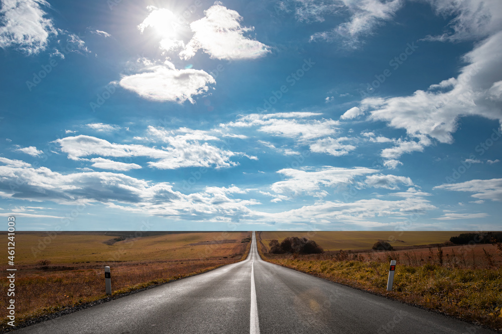 A long, straight road disappearing on the horizon under a beautiful blue sky with clouds. 