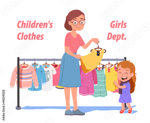 Mother and daughter kid choosing clothes on shop