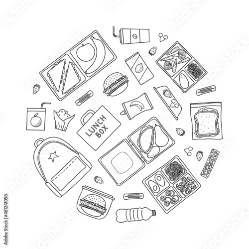 Hand drawn lunch boxes in circle.