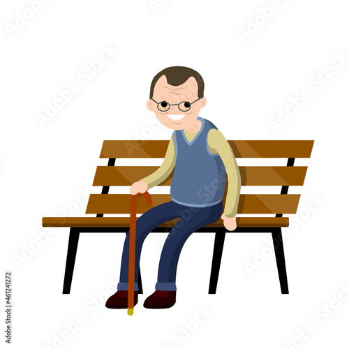 Grandfather sit on bench. Old man with cane. Rest and lifestyle of funny senior. Element of Park. Concept of old age.