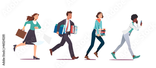 Business team, rush, run carry document folders