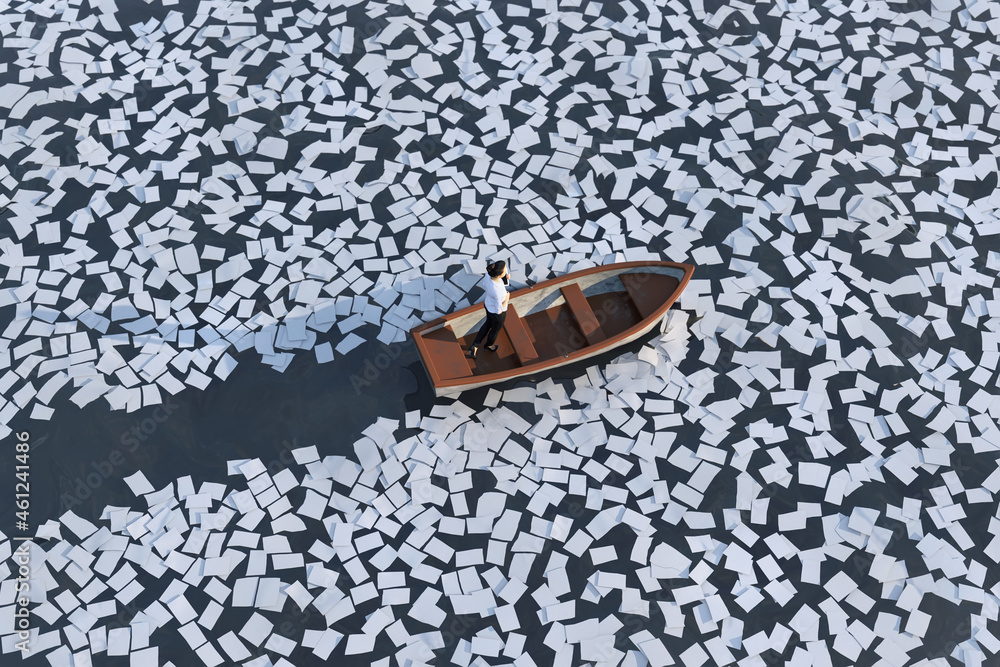 businesswoman on a boat sailing the ocean of paper sheets  - obrazy, fototapety, plakaty 