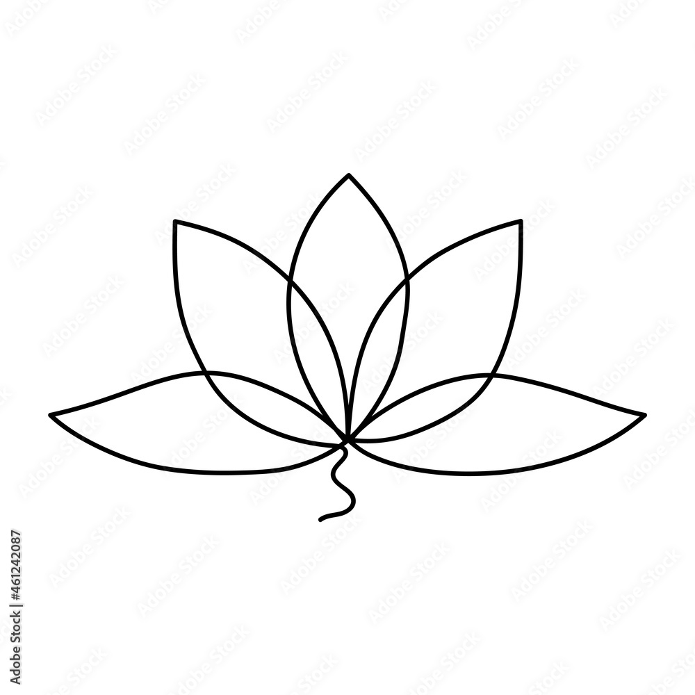 One line art lotus flower. Hand drawn yoga concept symbol icon. Continuous line vector illustration of water lilly isolated on white background.