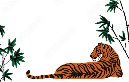 Vector  illustration of a lying tiger in bamboo. Simple and minimalistic hand drawn ink art, freehand wild big cat drawing. Place for text.