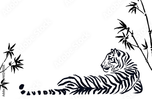 Vector black and white illustration of a lying tiger in bamboo. Outline and line art. Hand drawn ink art, freehand wild big cat drawing. Place for text.
