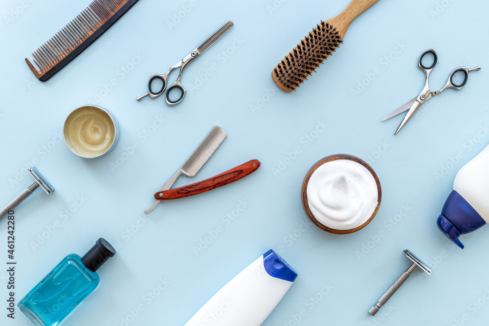 Set of shaving tools with barber razor and foam in wooden bowl Set of shaving tools with barber razor and foam in wooden bowl