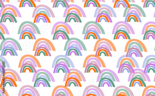 Trendy seamless pattern with colorful rainbow on white background. Design for invitation, poster, card, fabric, textile, fabric. Cute holiday illustration for baby. Scandinavian doodle style