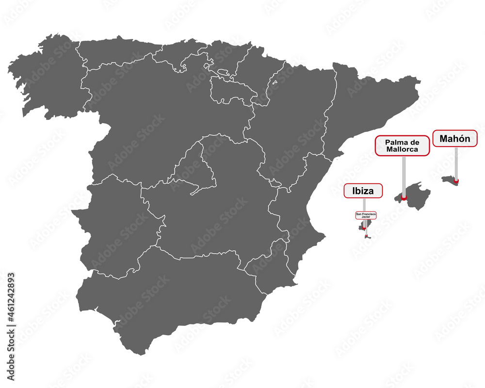 Landkarte von Spanien mit Ortsschildern auf den Balearen