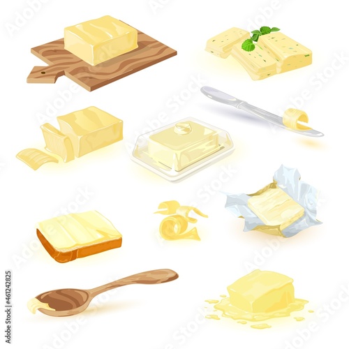 Dairy products collection. Vector butter, spread, or margarine on cutting board with spinach and basil, butter-dish, toast, pack of butter, melted milk product isolated on white. Farm dairy products