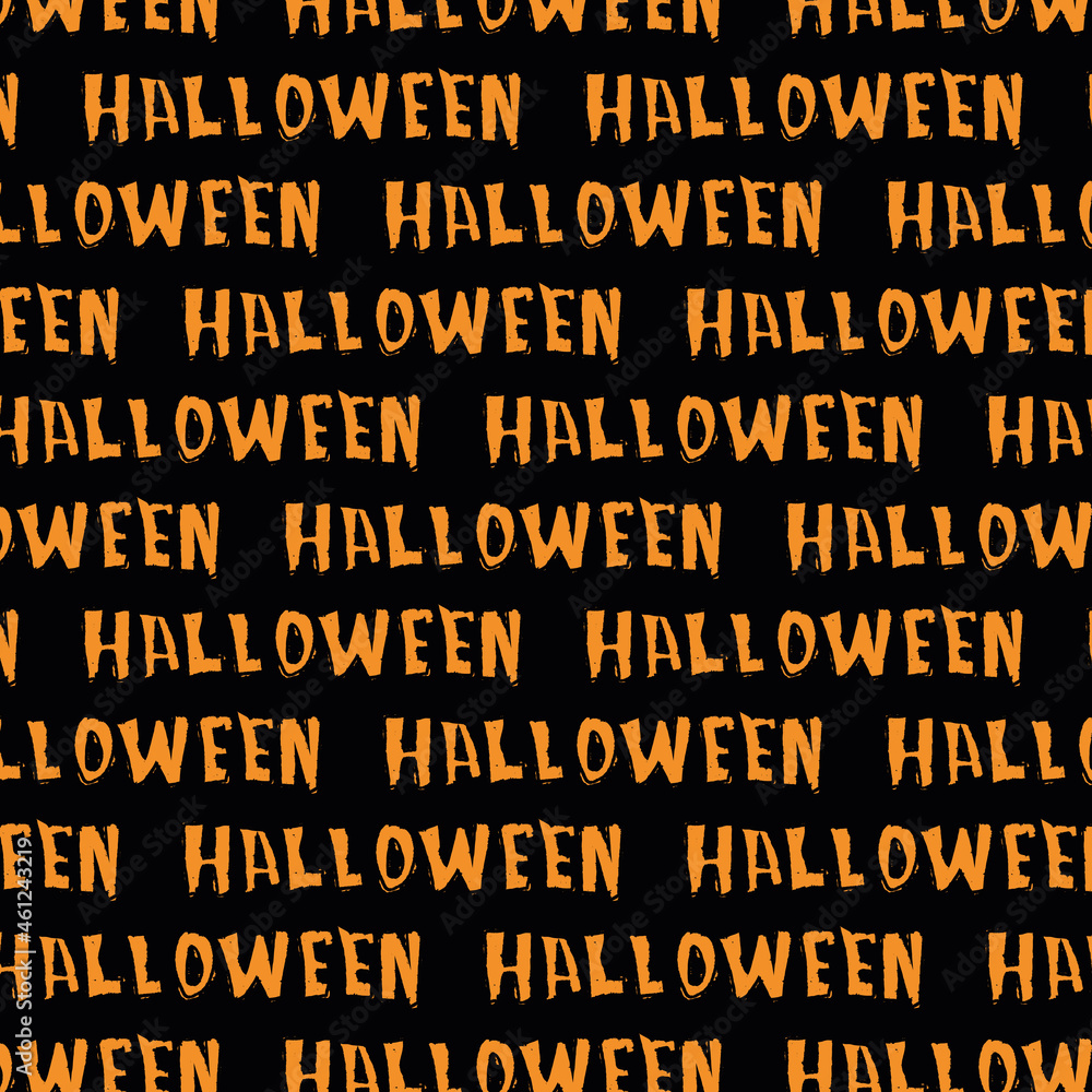 Seamless pattern with handmade Halloween lettering on a black background. It is perfect for Halloween website design, prints and more