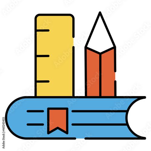 Book with pencil and scale denoting concept of educational tools