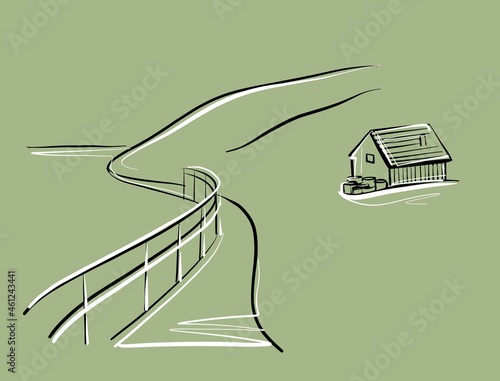 Illustration. Mountain and house. A sketch in a linear style. Vector.