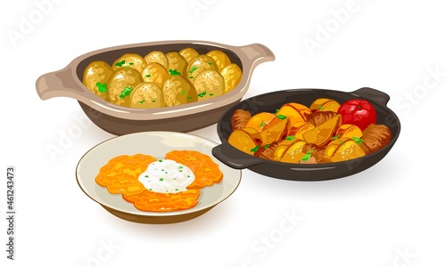 National ukrainian dishes made of potatoes. Vector pan wok, new potato with greenery, hash browns. Ethnic cuisine, dinner assortment, food idea. Isolated on white background