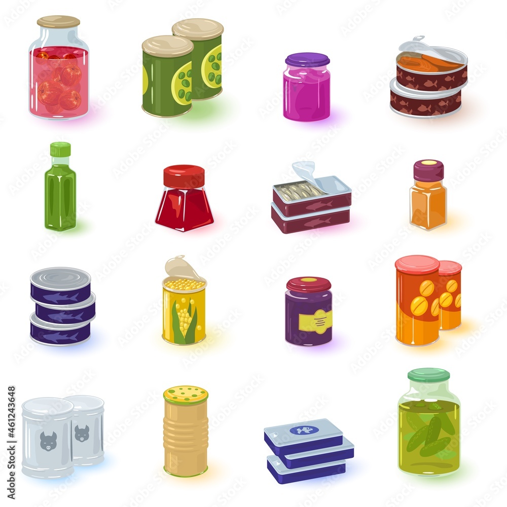 Cartoon collection of home manufacturing of food preservation. Vector  organic jams, fish, meat, veggies in jars. Concept of winter food supply,  home cooking isolated on white background Stock Vector | Adobe Stock
