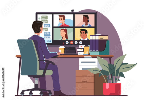 Business man talking with colleagues online