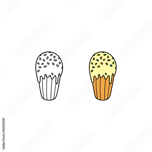 Hand drawn colored and outline kulich cake.