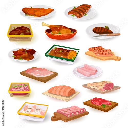 Collection of delicious meat meals, animal product marinated with herbs and spices. Vector restaurant assortment, protein dinner, healthy eating idea. Isolated on white background