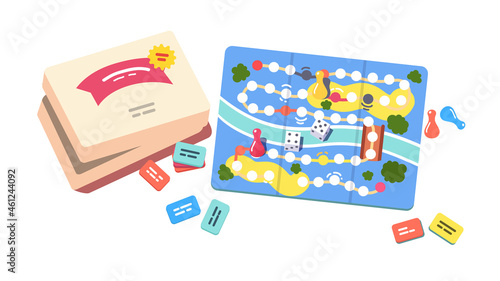 Kids board game. Throwing dice and cardboard box