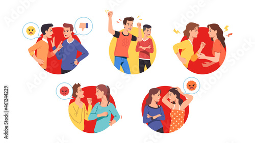 Angry men, women friends yelling arguing set