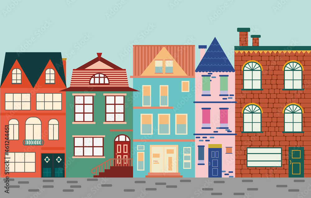 Set of different buildings, houses. Cityscape, city street. Vector logo illustration design.