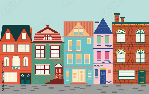Fototapeta Naklejka Na Ścianę i Meble -  Set of different buildings, houses. Cityscape, city street. Vector logo illustration design.