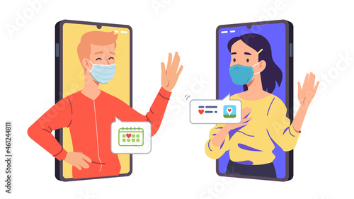 Lovers couple in masks chatting via dating app