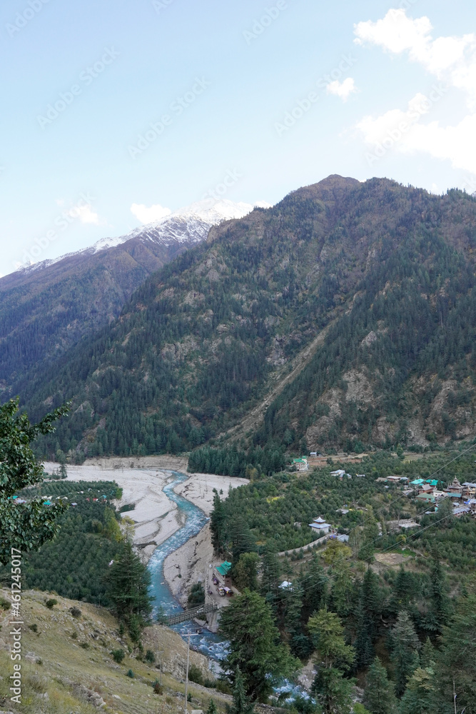 Fototapeta premium Baspa River flowing through Batseri Village, Sangla, Kinnaur, Himachal Pradesh, India