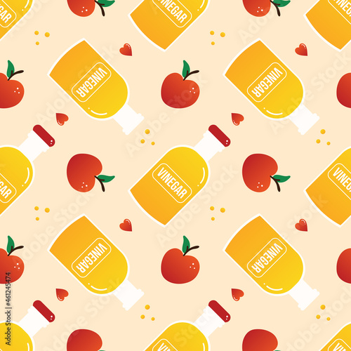 Bottles of apple cider vinegar with fresh red apples cartoon style vector seamless pattern background.